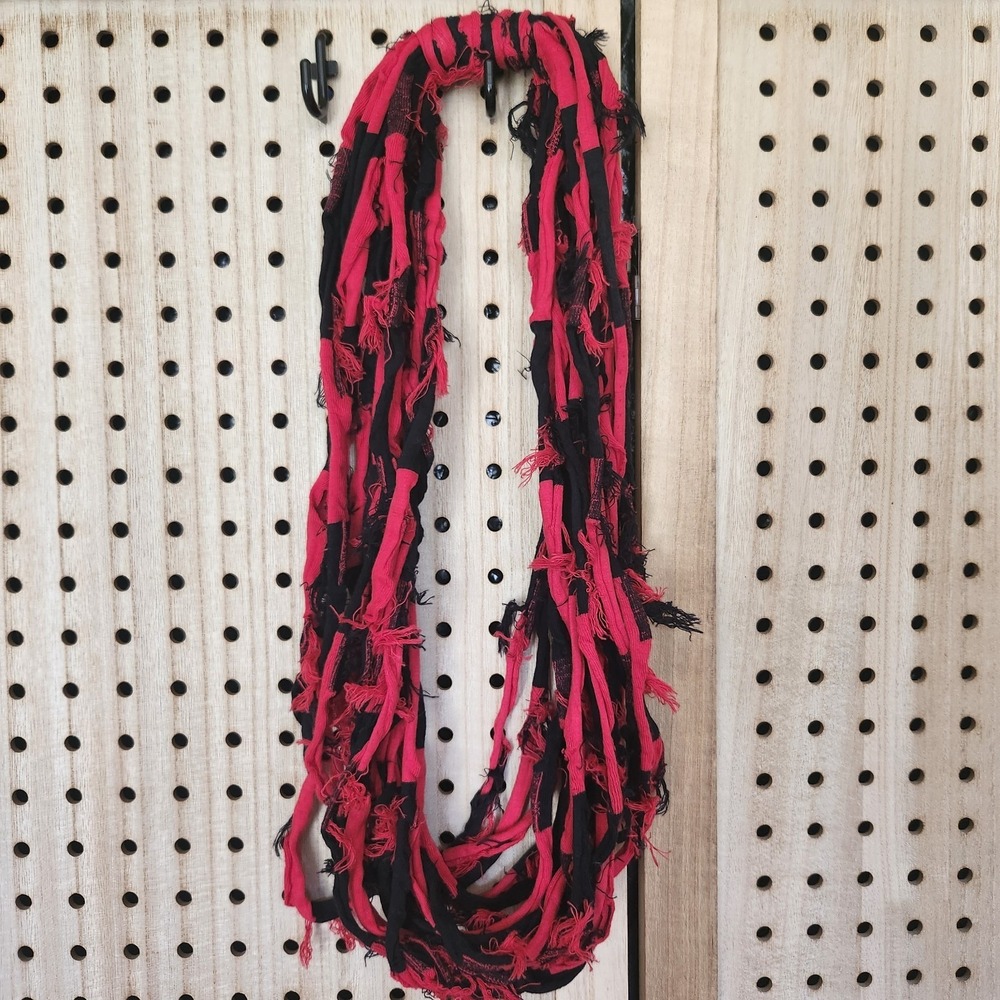 Upcycled Repurposed Tshirt Scarf Necklace Black And Red Multicolored Shred